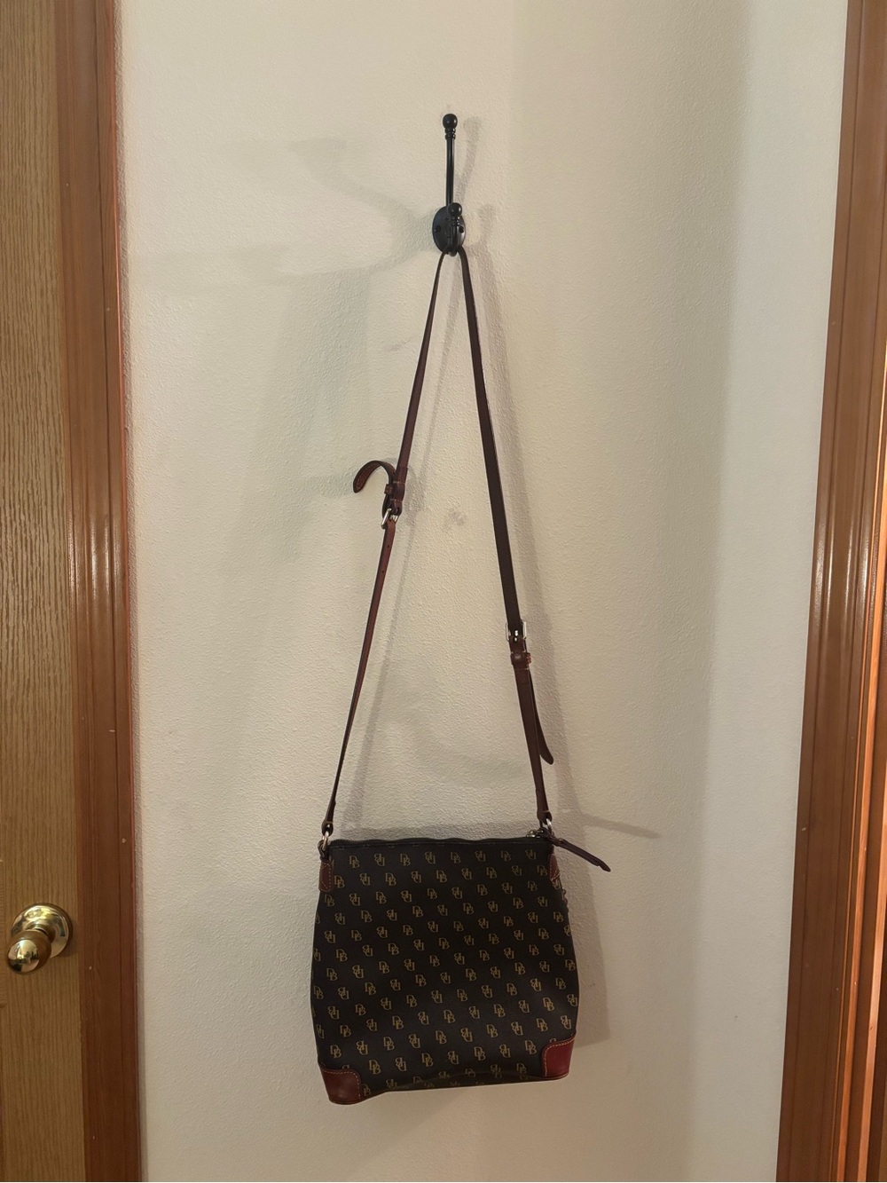 Dooney & Bourke Black Monogram Crossbody with Brown Leather Trim